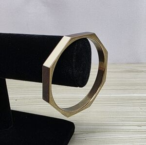 Goldtone Geometric Slip-on Bracelet wWood and White Inlays